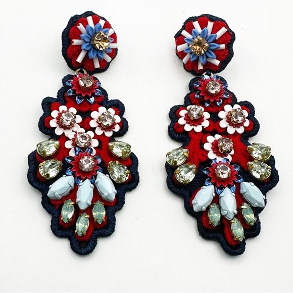 J Crew Chandelier Earring Oversized Red Blue Embroidered Big Beaded Jeweled - Picture 6 of 10
